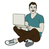 tekenfilm beeld van een Mens zittend Aan de verdieping gebruik computer, werk, glimlach vector