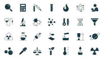 laboratorium en wetenschap icoon set. chemie laboratorium experiment, test buis bakker pictogrammen vector. vector