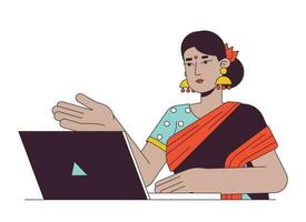 Indisch vrouw professioneel met laptop vlak lijn kleur vector karakter. bewerkbare schets voor de helft lichaam persoon Aan wit. Hindoe dame Aan web vergadering gemakkelijk tekenfilm plek illustratie voor web grafisch ontwerp