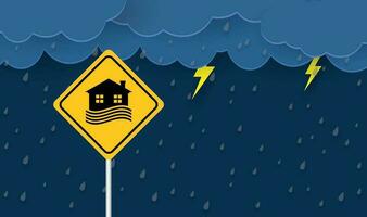 overstromingsgebied teken, natuurramp met huis, zware regen en storm, schade met huis, wolken en regen, overstromend water in de stad, overstroomd huis. vector