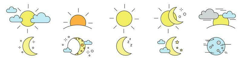 verzameling van stijgende lijn of instelling zon, maan fasen, wolken en sterren pictogrammen. bundel van dag en nacht tijd pictogrammen getrokken met zwart contour lijnen Aan wit achtergrond. vector