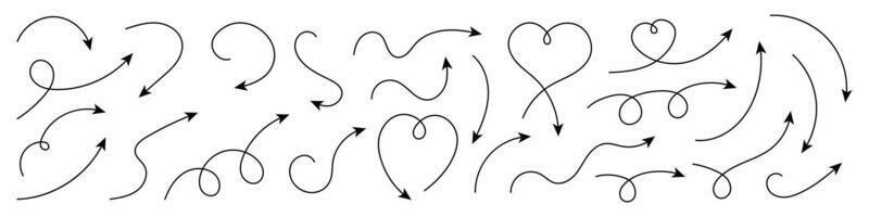 gebogen pijlen. reeks van vector hand- getrokken pijlen. verzameling van aanwijzingen.