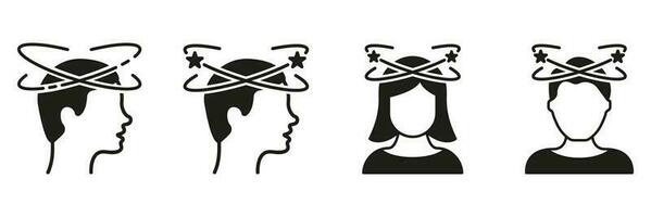 migraine, hoofdpijn, duizeligheid, afgeleid hoofd symbool verzameling Aan wit achtergrond. Mens en vrouw voelen duizelig silhouet zwart icoon set. moe mensen met misselijkheid pictogram. vector illustratie.