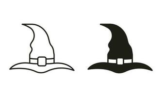 heks hoed voor halloween lijn en silhouet zwart icoon set. tovenaar magie puntig pet voor partij 31 oktober pictogram. halloween medeplichtig voor goochelaar symbool verzameling. geïsoleerd vector illustratie.