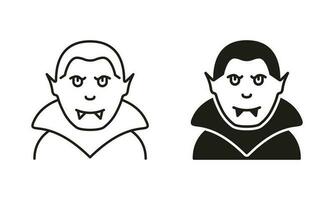 eng dracula lijn en silhouet zwart icoon set. vampier halloween karakter pictogram. spookachtig dracula, vamp portret. halloween kostuum symbool verzameling. geïsoleerd vector illustratie.