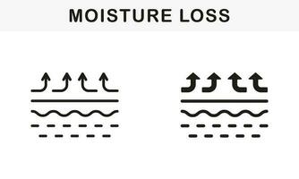 huid vochtigheid verdamping lijn en silhouet zwart icoon set. huid verlies water pictogram. huid structuur en pijlen omhoog vochtigheid wicking werkwijze, huid geur symbool verzameling. vector illustratie.
