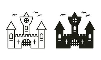 halloween gotisch spookachtig kasteel pictogram set. vampier dracula eng kasteel lijn en silhouet zwart pictogrammen. donker oud kasteel voor halloween viering symbool verzameling. geïsoleerd vector illustratie.