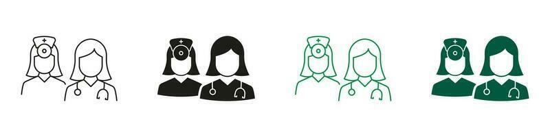 gezondheidszorg professioneel ziekenhuis personeel symbool verzameling. vrouw medisch specialisten groep pictogram set. dokter en vrouw verpleegster team lijn en silhouet pictogrammen. geïsoleerd vector illustratie.