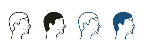 Mens met mee-eter, acne, uitslag pictogram. dermatologisch probleem, allergie, ontsteking huid symbool verzameling. jongen met gezicht puistjes lijn en silhouet icoon set. geïsoleerd vector illustratie.