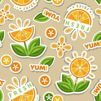 patroon met tekst, stickers in de vorm van bloem gemaakt van oranje plakjes, groen bladeren. mooi zo voor decoratie van kinderen textiel, voedsel verpakking, boodschappen, landbouw winkels. vlak stijl vector