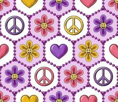naadloos patroon met kamille bloem, hart, vrede teken, kralen, emoji. zeshoekig meetkundig rooster. vredevol, positief achtergrond in hip, hippie stijl. vector
