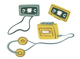 walkman met hoofdtelefoons en cassettes, vectoren