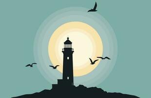 strand vuurtoren vector silhouet, vuurtoren strand landschap illustratie