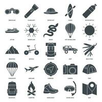 avontuur icoon set, zomer camping reis symbolen verzameling, logo illustraties, toerisme of wandelen teken pakket geïsoleerd vector illustratie