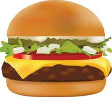 realistisch hamburger vector. Hamburger klassiek hamburger Amerikaans cheeseburger met sla tomaat ui kaas rundvlees en saus dichtbij omhoog geïsoleerd Aan wit achtergrond. snel voedsel vector