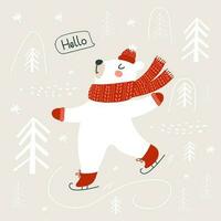 de beer is het schaatsen. winter afdrukken. vector illustraties