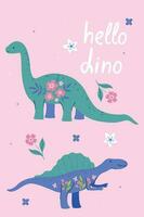 poster met schattig dinosaurussen, bladeren en bloemen. vector grafiek.