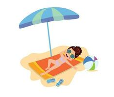 kind Aan strand handdoek onder paraplu, vlak tekenfilm vector illustratie geïsoleerd