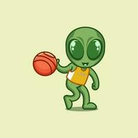 schattig tekenfilm buitenaards wezen spelen basketbal vector