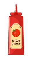 plastic fles van rood tomaat ketchup saus met label. vector illustratie.