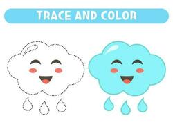 spoor en kleur schattig weinig wolk met regendruppels. werkblad voor kinderen vector