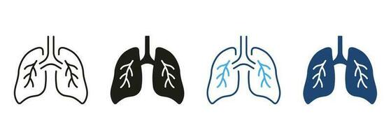 gezond bronchiale ademhalings systeem lijn en silhouet kleur icoon set. long, menselijk intern orgaan pictogram. ademhaling ziekte symbool verzameling Aan wit achtergrond. geïsoleerd vector illustratie.