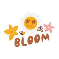 schattig bloeien modieus belettering concept. grafisch afdrukken met bloemen en vlinders. positief emoji net zo madeliefje met sterrenhemel ogen. psychedelisch uitdrukking ontwerp. hippie leuze hand- getrokken vlak vector illustratie