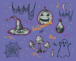 halloween vector illustratie hand- getrokken. tekenfilm vlak illustratie met pompoen lantaarn, geest, hoed voor voor herfst ontwerp, afdrukken, sjabloon, poster, decoratie, groet kaart, web, feestelijk achtergrond