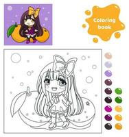 kleur boek voor kinderen. werkblad voor tekening met tekenfilm anime meisje met boog en sinaasappelen. schattig kind met vruchten. kleur bladzijde met kleur palet voor kinderen. vector illustratie.