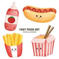 schattig snel voedsel tekenfilm set, Frans Patat, tomaat saus, noodle en heet hond vector illustratie