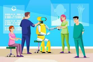 robot en medisch team. medisch leerling opleiding robot. onderwijs hoe naar nemen een pulse Bij de nek, polsen. vector illustratie in vlak tekenfilm stijl.