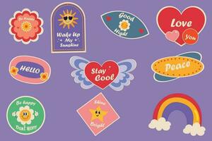 retro modieus emotie stickers set. kleurrijk retro tekenfilm etiket vorm set. verzameling van modieus wijnoogst y2k sticker vormen. grappig zacht pastel kleur citaat teken bundel. schattig kinderen icoon vector