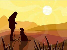 silhouet van een meisje met een hond Aan de achtergrond van een berg avond landschap met zonsondergang en gras. vector