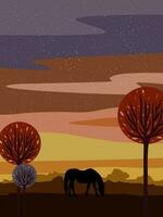 silhouet van een vrij paard wandelen aan de overkant de veld- tegen de backdrop van zonsondergang en bomen. vector