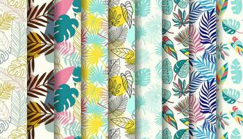 naadloos patroon verzameling met kleurrijk hand- getrokken zomer tropisch bladeren vector