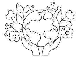 vector zwart en wit handen Holding aarde met bloemen. aarde dag lijn illustratie met schattig planeet. milieu vriendelijk icoon met wereldbol. schattig ecologisch concept of kleur bladzijde