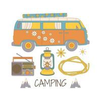 camping en wandelen set, getrokken elementen olie lamp, bestelwagen, touw, radio. wildernis overleving, reis, hiking, buitenshuis recreatie, toerisme. vector