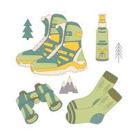 camping en wandelen set, getrokken elementen schoenen, sokken, mug, spuiten, verrekijker. vector