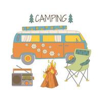 vreugdevuur, stoel, bestelwagen, radio. getrokken elementen voor camping en hiking. wildernis overleving, reis, hiking, buitenshuis recreatie, toerisme. vector