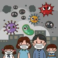 mensen slijtage masker in stad met slecht verontreiniging omgeving. divers virus zijn vlieg in de lucht. vector