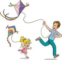 een vector illustratie van een gelukkig familie met kinderen hebben pret met vlieger vlieger.familie vliegend een vlieger vector