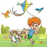 weinig kinderen spelen met zijn vriend in natuur en gevoel Gelukkige kinderen vliegend vliegers.spelen tijd. vector