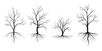 groot verzameling zwart boom of naakt bomen silhouetten vector. hand- getrokken geïsoleerd illustraties. vector