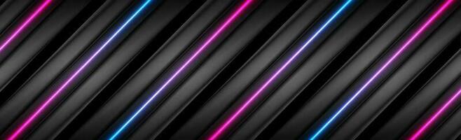 zwart tech glad strepen abstract banier met blauw en Purper neon lijnen vector