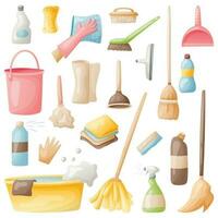 reeks van vector pictogrammen van huis schoonmaak, het wassen en versheid. tekenfilm flessen van wasmiddel, dweilen, washandjes, sponzen en vodden.