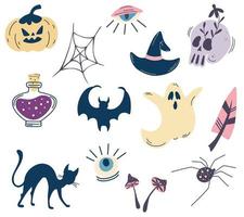 set elementen voor halloween. schedels, drankje, spin, kat, geest, oog, paddestoel, vleermuis. halloween cliparts met traditionele symbolen. perfect voor uitnodiging voor feest, wenskaart, poster. vector