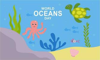 wereld oceaan dag tekenfilm illustratie met onderwater- landschap toegewijd vector