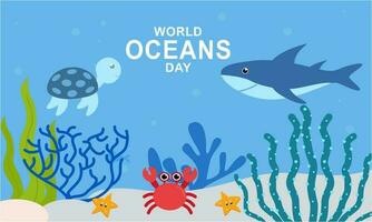 wereld oceaan dag tekenfilm illustratie met onderwater- landschap toegewijd vector