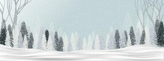 Kerstmis achtergrond met mooi winter landschap tafereel besneeuwd in bos- met sneeuw gedekt sparren, naaldhout bos, vector banier vakantie feestelijk, verkoop, promotie, begroeting kaart, website kop, affiche