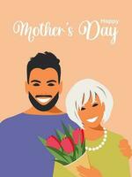 een volwassen zoon geeft zijn oud moeder een boeket van roze tulpen en liefdevol knuffels haar. moeder dag groet kaart ontwerp in vlak stijl. gelukkig familie portret. vector. vector